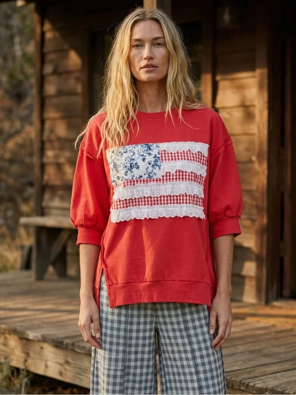 Bibi Red Oversized American Flag Patchwork Terry Knit Top S - Picture 2 of 6